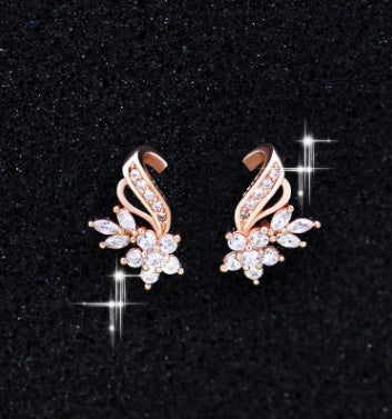 Stylish and beautiful ladies earrings Flower ribbon copper plated rose gold with zircon ear jewelry