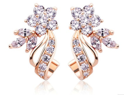 Stylish and beautiful ladies earrings Flower ribbon copper plated rose gold with zircon ear jewelry