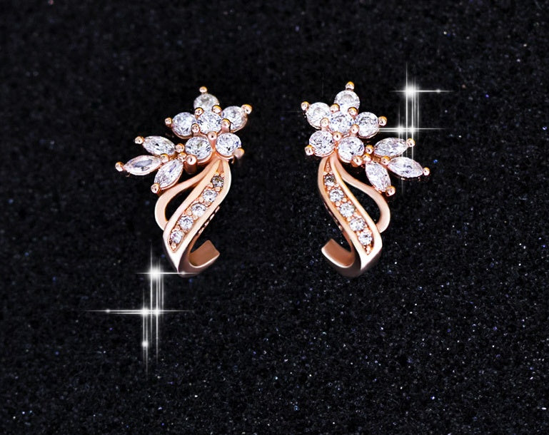 Stylish and beautiful ladies earrings Flower ribbon copper plated rose gold with zircon ear jewelry