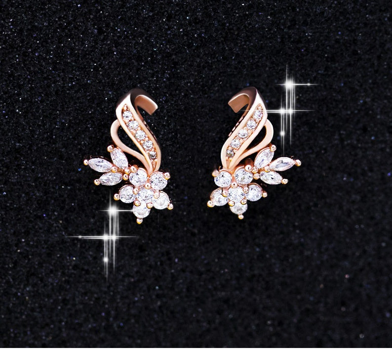 Stylish and beautiful ladies earrings Flower ribbon copper plated rose gold with zircon ear jewelry