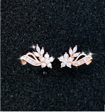 Stylish and beautiful ladies earrings Flower ribbon copper plated rose gold with zircon ear jewelry